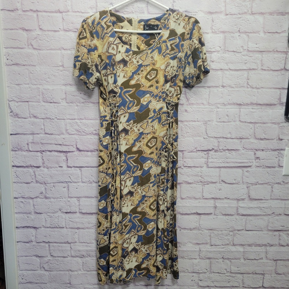VTG 90s Jamie Brooke‎ Rayon Dress Size M Short Sleeve Retro Floral Cinch Ties